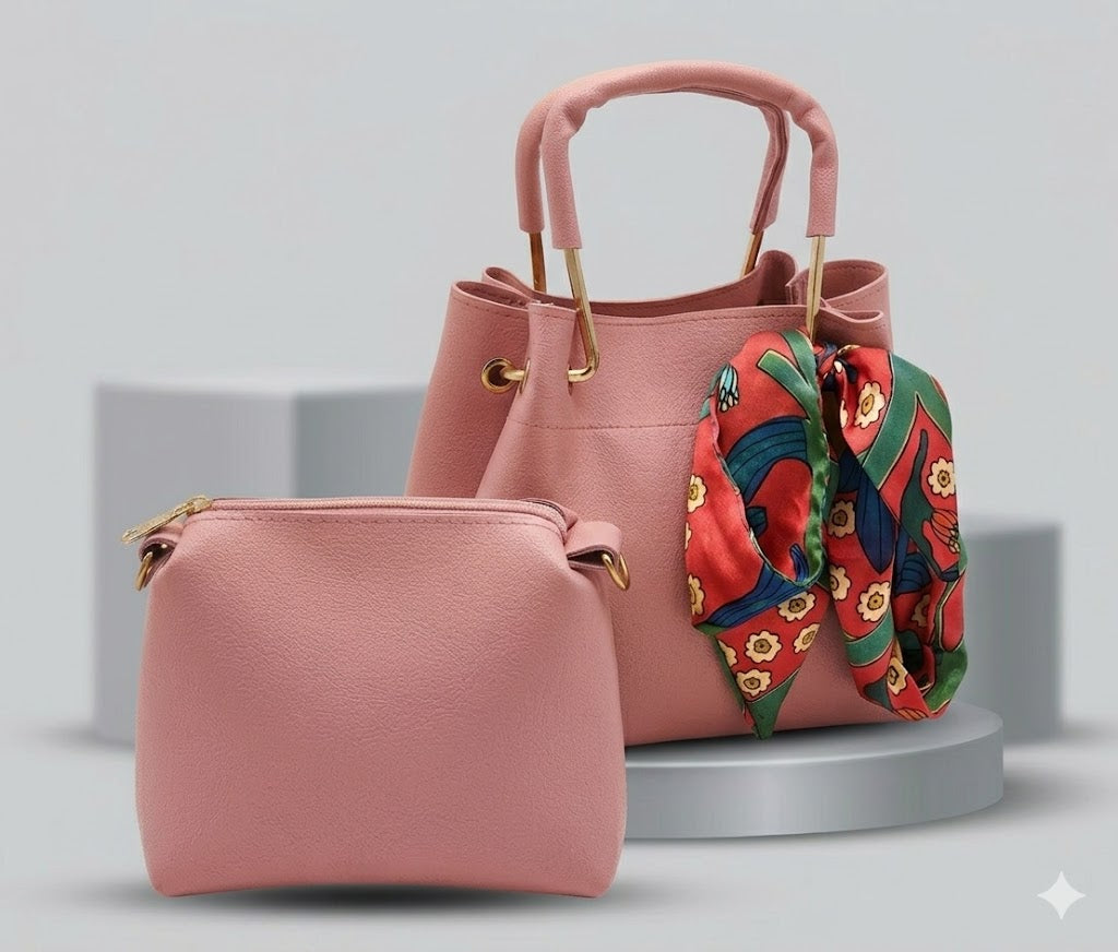 Stylish Pink & White Handbag Set for Women – 2 Pcs PU Leather Tote Bag with Pouch