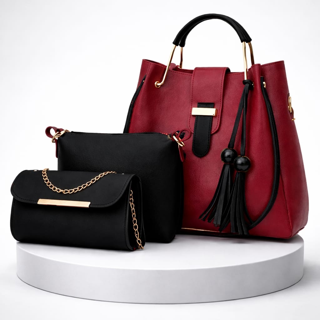 Stylish Girls 3-Piece Leather Bag Set. (Black,Maroon,Mustard)