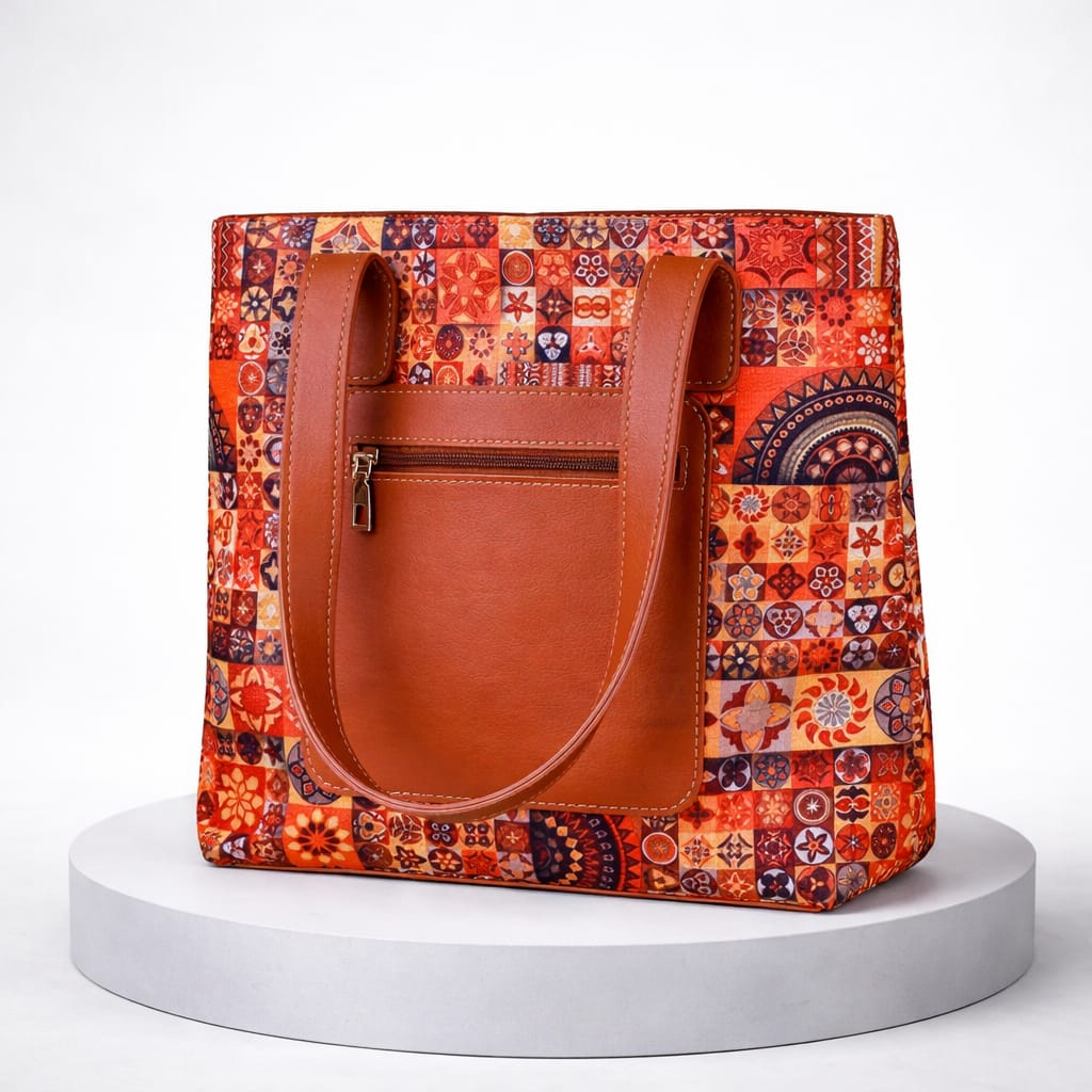 Patterned Shoulder Bag – Stylish Fabric Tote with Zip Closure & Pockets