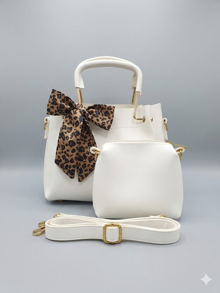 Stylish Pink & White Handbag Set for Women – 2 Pcs PU Leather Tote Bag with Pouch