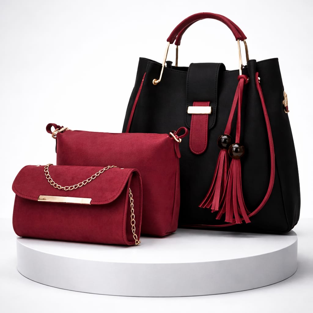 Stylish Girls 3-Piece Leather Bag Set. (Black,Maroon,Mustard)